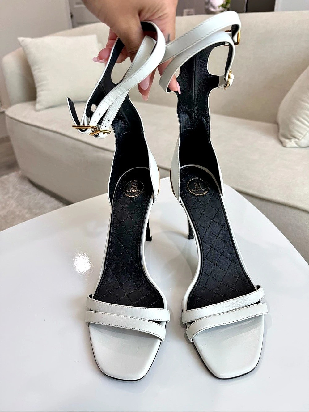 AUTHENTIC* Balmain White Leather Gold Hardware Stiletto Sandals EU 38